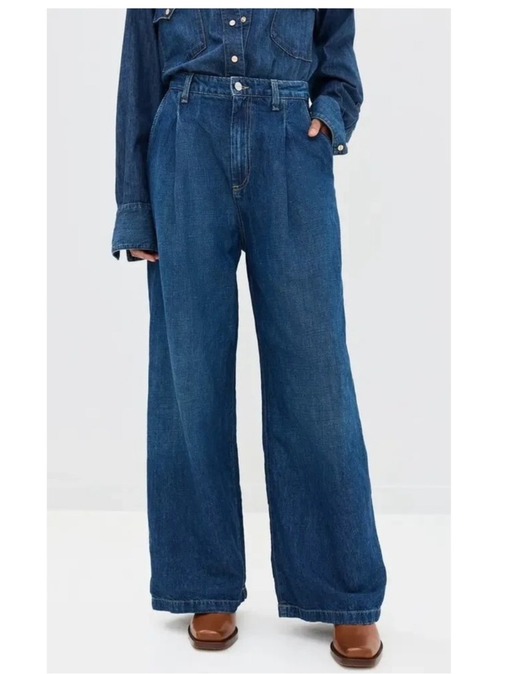 Wide Leg High-Waist Women's Jeans - Dark Blue Denim